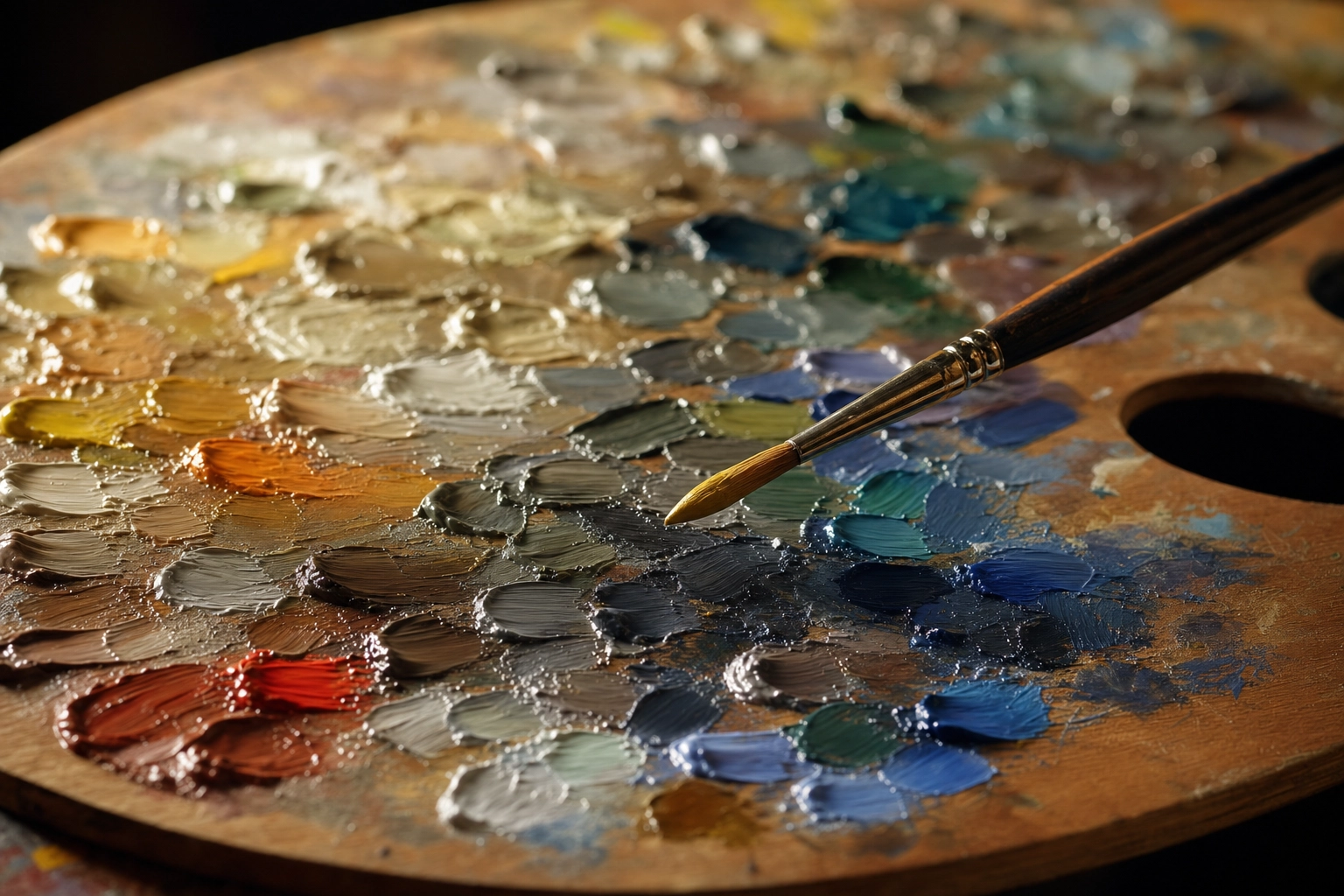 Künstlerpalette mit einem breiten Spektrum gemischter Farben als Metapher für fortgeschrittene englische Wortschatzbreite und präzise Wortwahl