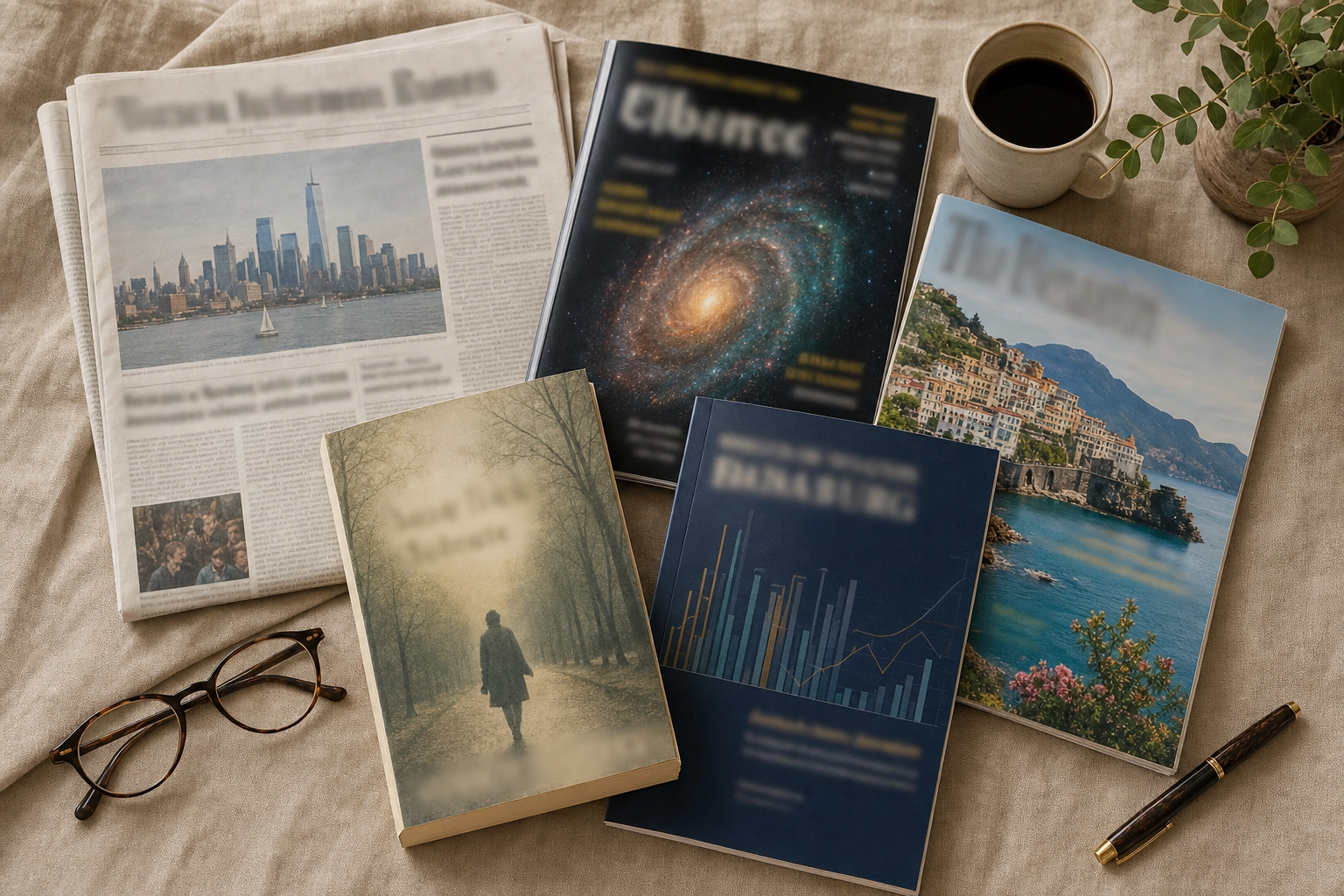 Vielfältige, überlappende Auslage aus Zeitungen, Zeitschriften, einem Roman und Magazinen als Sinnbild für breites Lesen zum Aufbau des englischen Wortschatzes