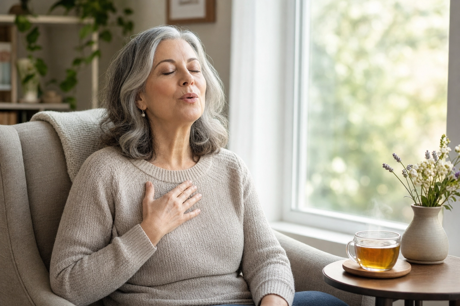 Older woman relaxing in an armchair by a window calmly practicing speaking aloud in a low-pressure judgment-free environment