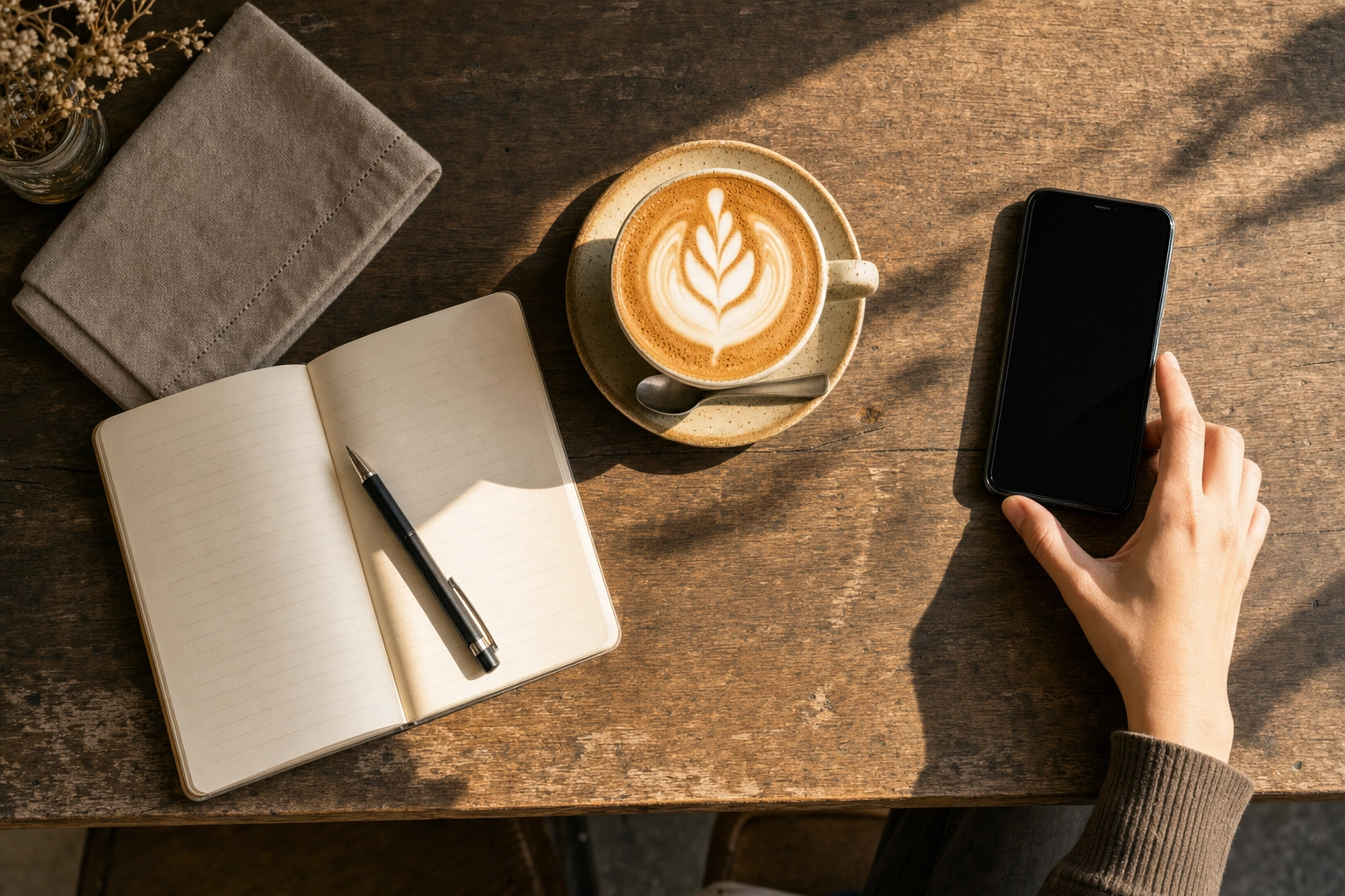 Overhead café table with cappuccino, notebook, and phone, representing a Babbel Speak real-life ordering scenario for speaking practice
