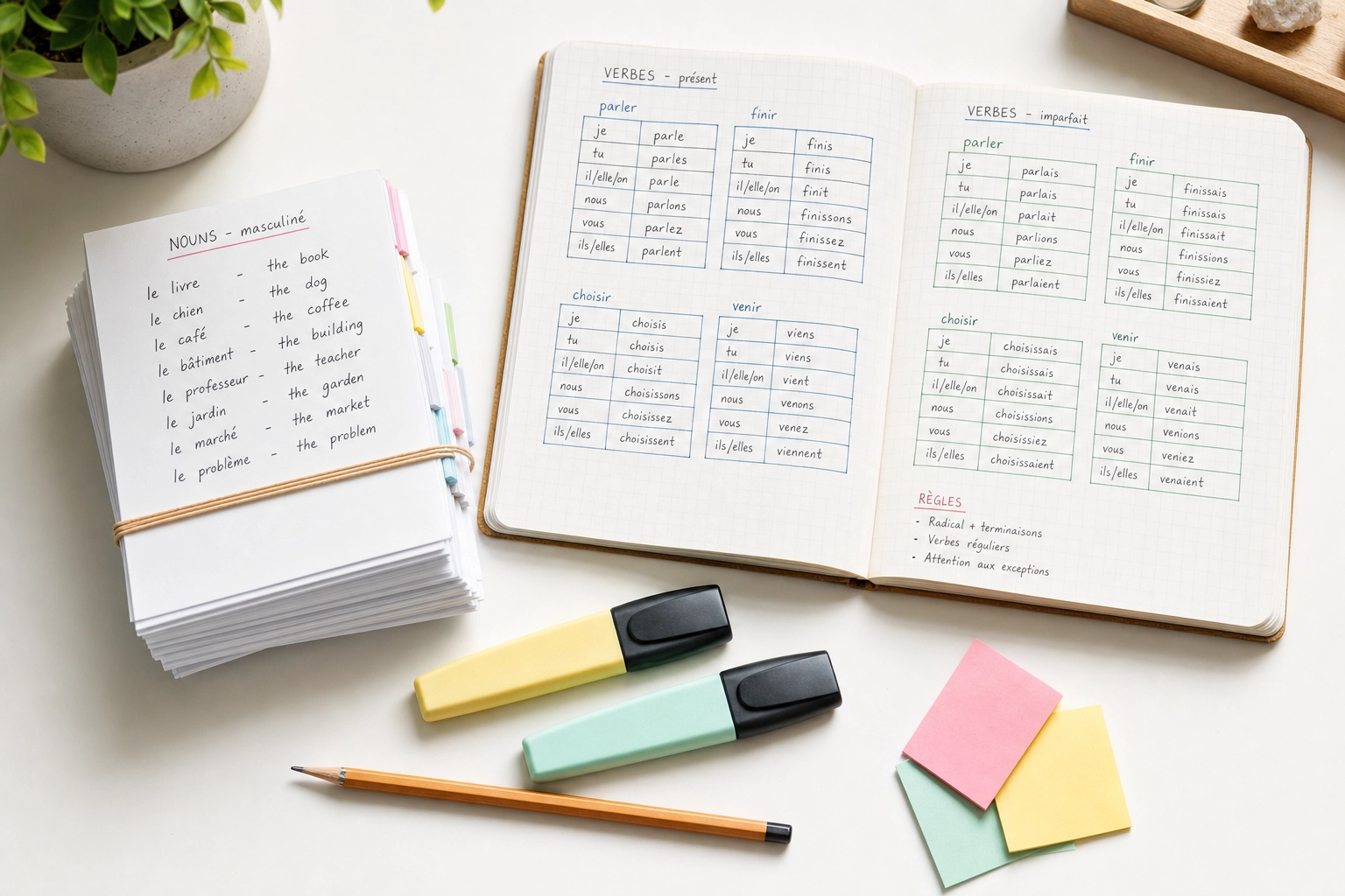 Flat-lay of vocabulary flashcards, a grammar notebook, and highlighters representing classic structured Babbel lessons