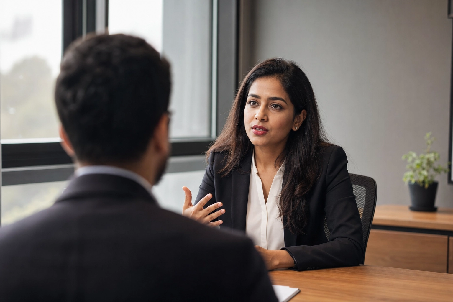 Confident professional woman speaking English during a job interview, representing real-world speaking under pressure
