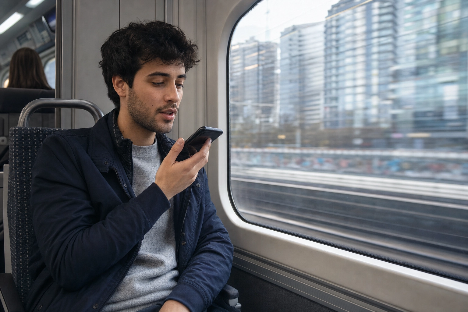 Young man practicing speaking a language on his phone while commuting by train beside a large window