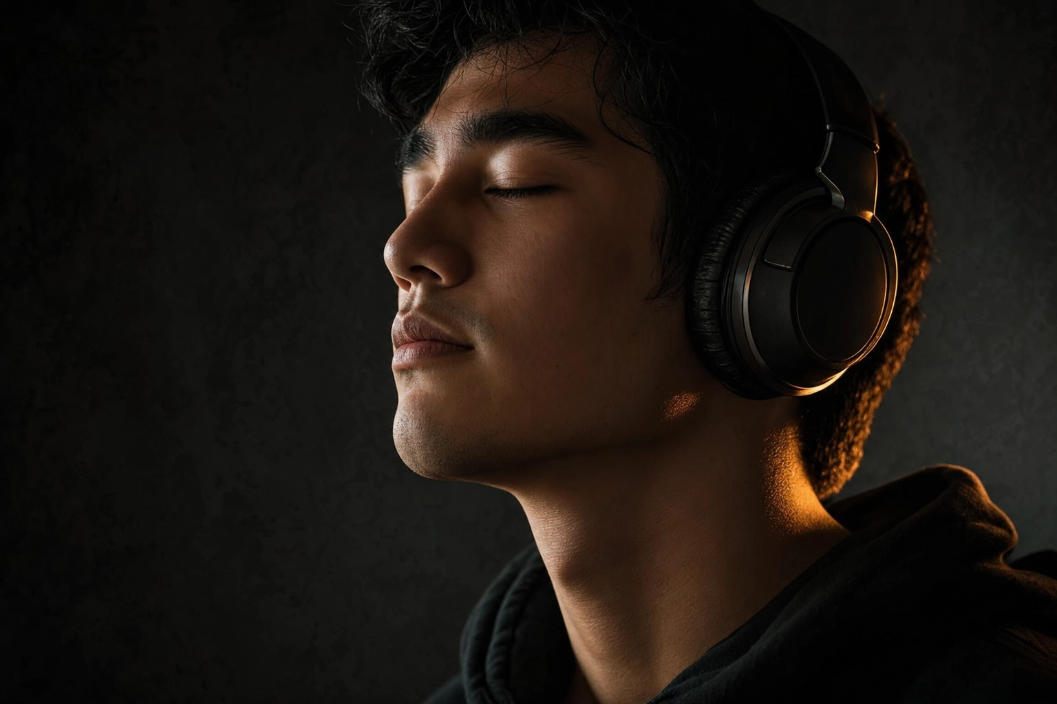 Close-up of a focused person wearing over-ear headphones listening intently to native-speaker pronunciation audio