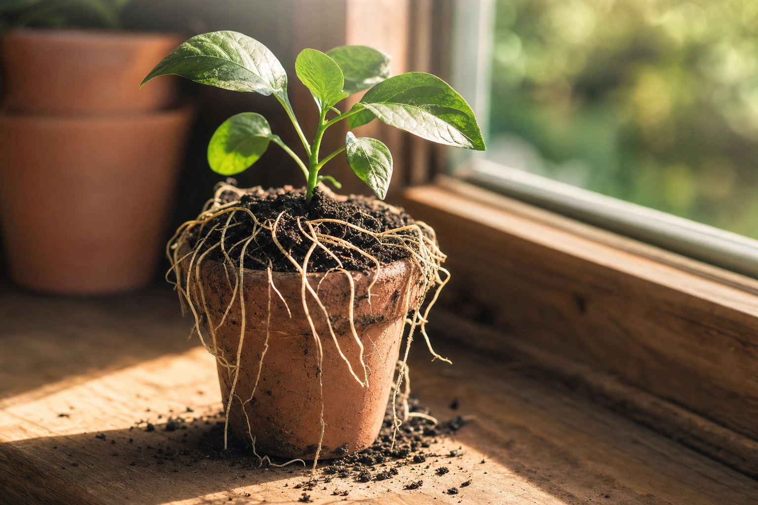 Small plant outgrowing a tiny pot with roots spilling over, a metaphor for outgrowing a beginner language tool