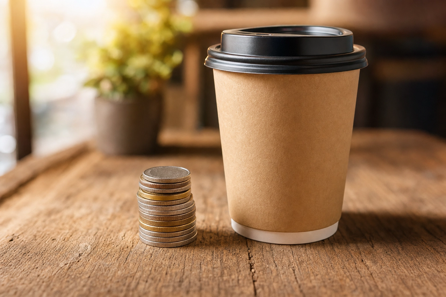 Stack of coins beside a takeaway coffee cup, illustrating a monthly subscription costing about the price of a coffee