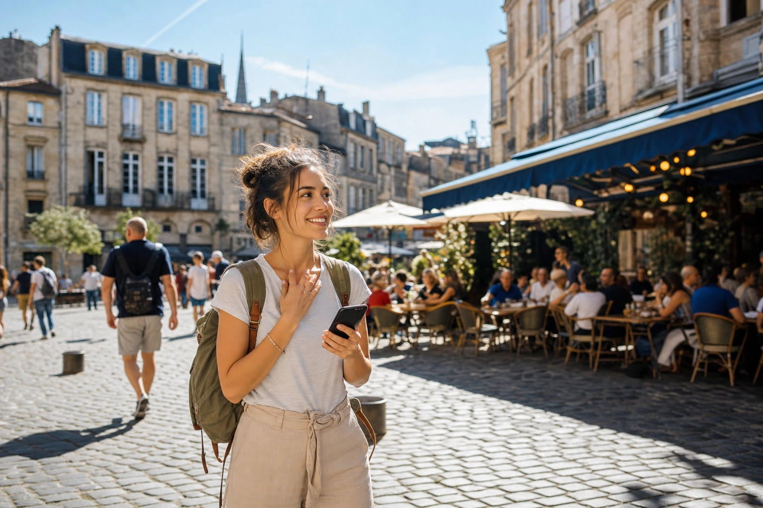 Traveler with a backpack in a sunny European plaza rehearsing travel phrases on her phone before ordering