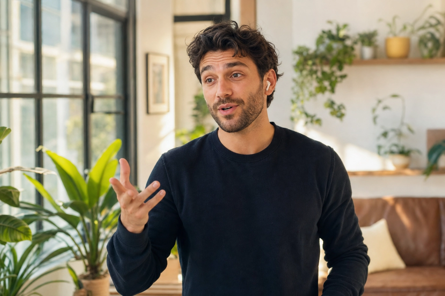 Young man gesturing while speaking energetically into earbuds, representing open free-flowing conversation practice with an AI tutor