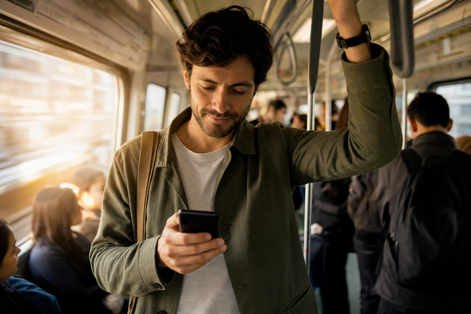 Lernende pflegt eine tägliche Sprachapp-Gewohnheit in einer Stadtbahn, eine kurze Duolingo-artige Lerneinheit