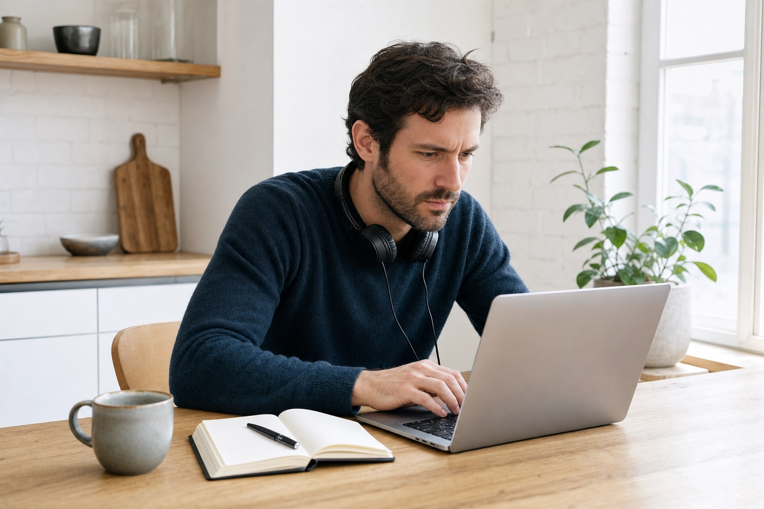 Lernende absolviert eine strukturierte Babbel-artige Englischlektion am Laptop an einem hellen Küchentisch I notice I made an error on one segment. Let me correct it: