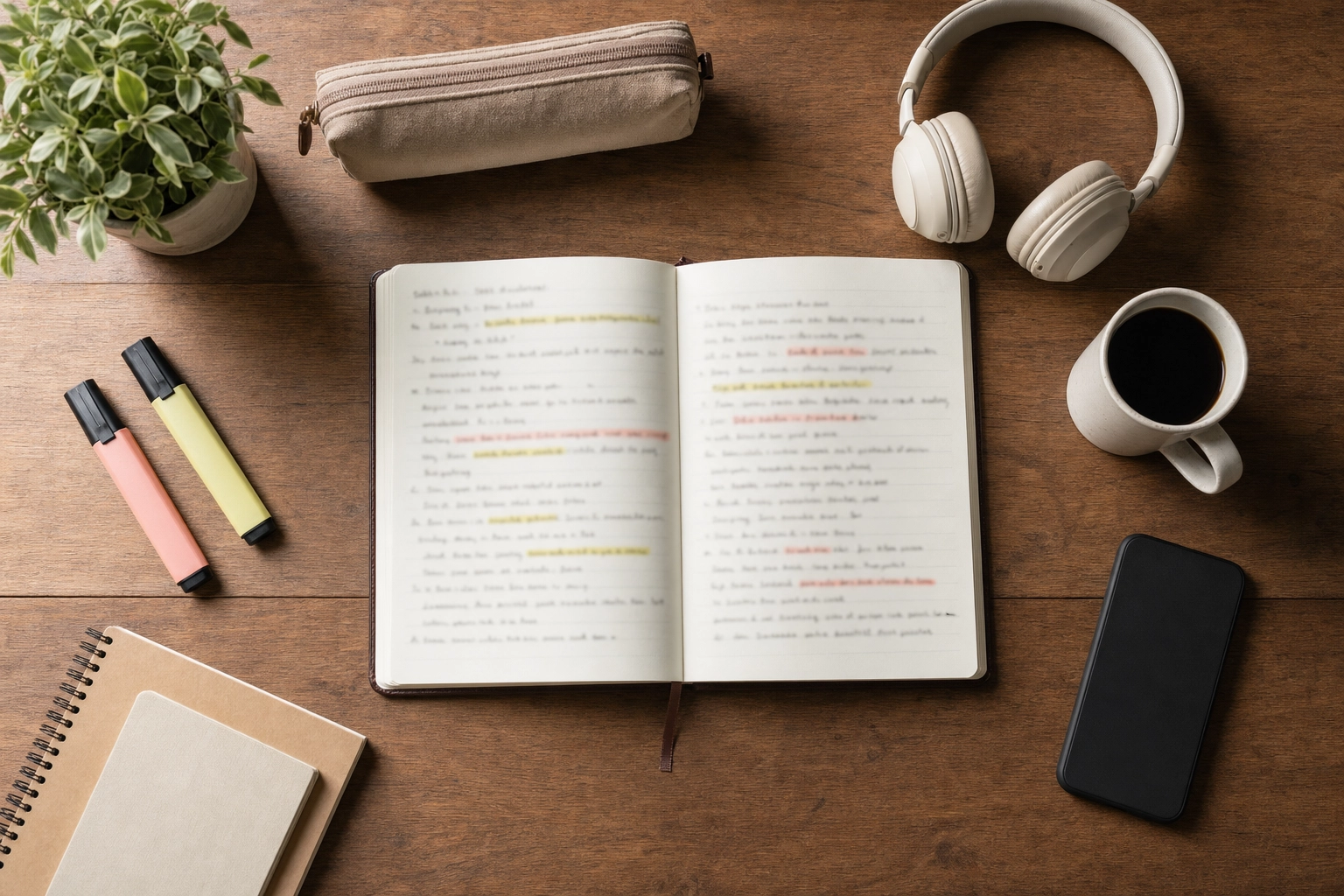 Strukturiertes Englisch-Grammatikstudium mit handgeschriebenen Notizen und Kopfhörern, ein Babbel-artiger Ansatz