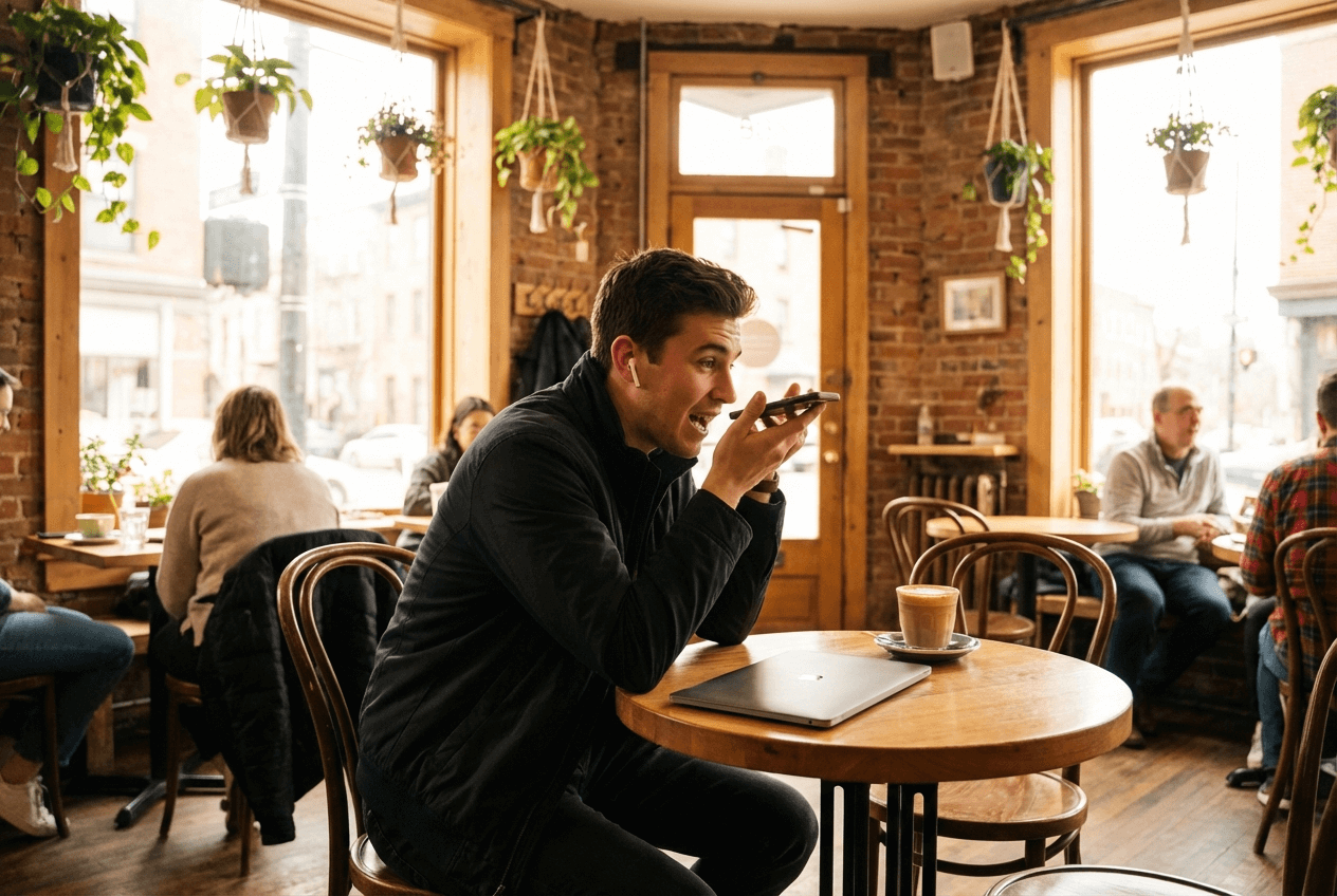 Young man practicing English speaking with AI tutor app at a sunlit cafe