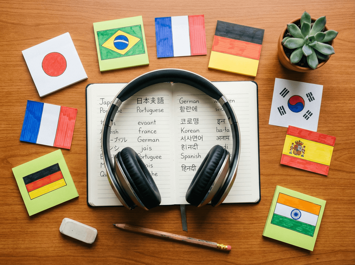 Overhead desk view with multilingual sticky notes and headphones for language learning