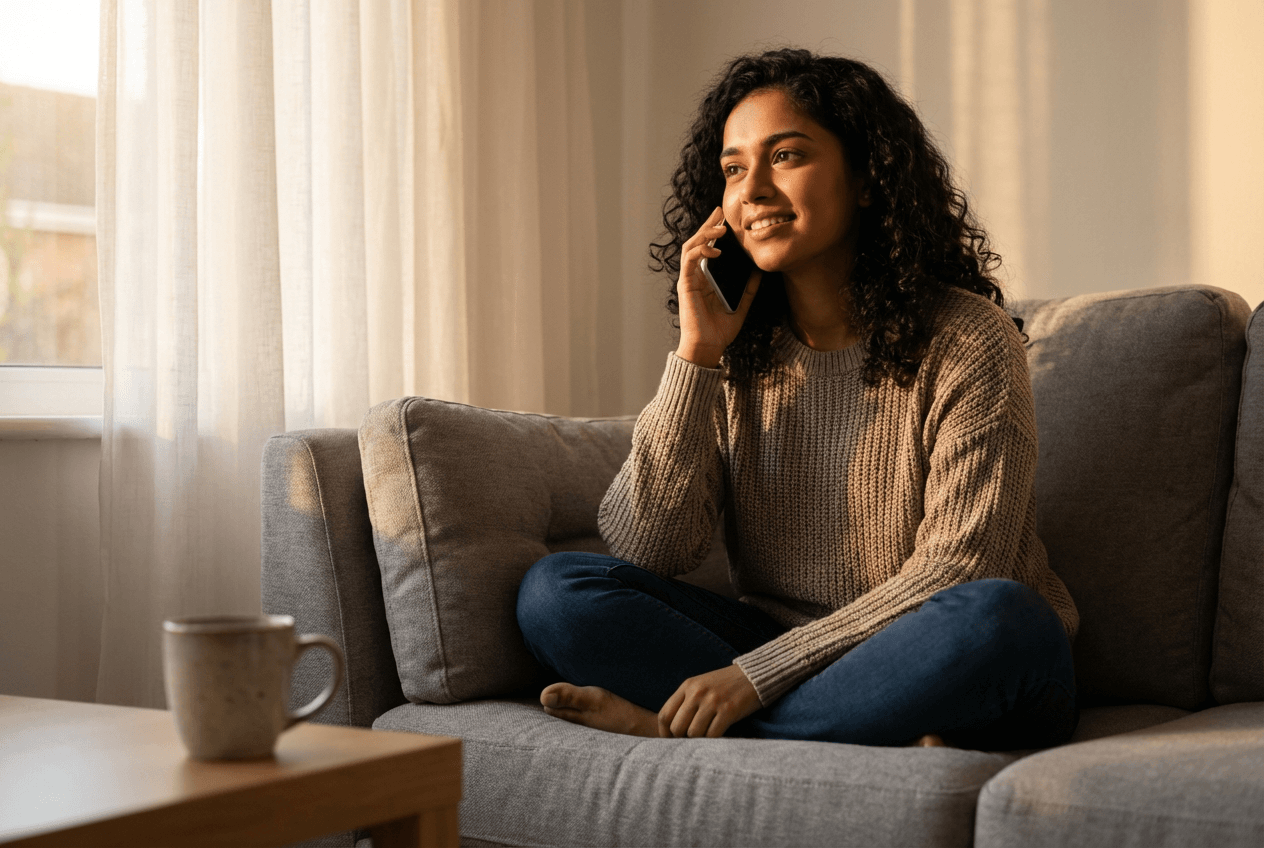Woman relaxed on couch speaking English through phone AI tutor conversation