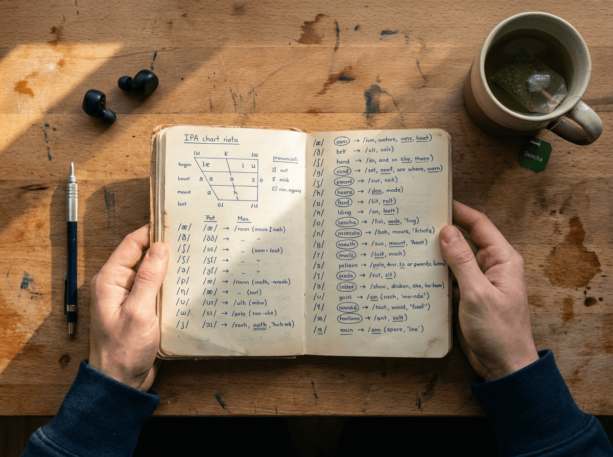 Overhead view of phonetic study notes and IPA charts for structured American accent learning