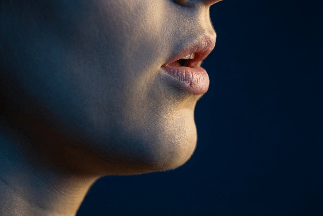 Close-up of mouth forming an American English vowel sound for pronunciation training precision