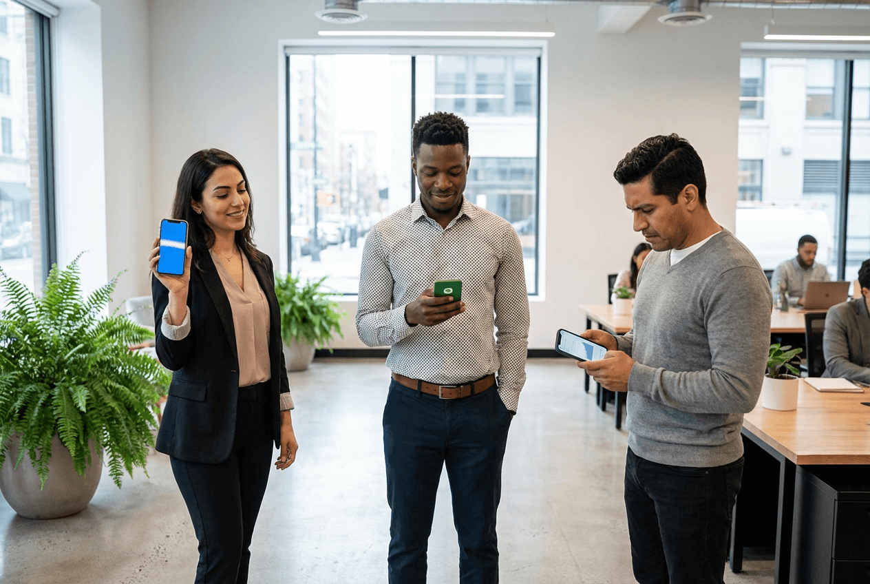 Diverse professionals choosing different English accent training apps for their individual learning goals