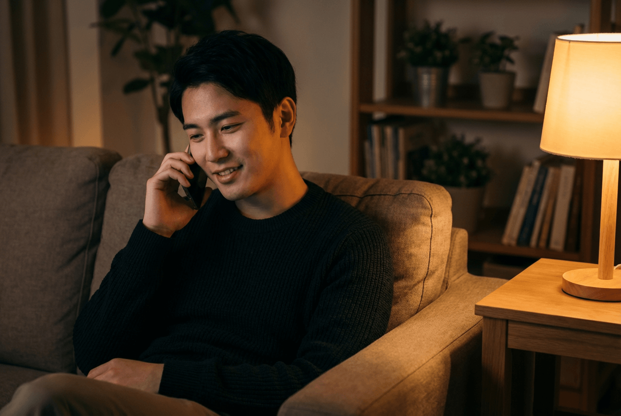 Man having a relaxed English speaking practice conversation on his phone at home in the evening