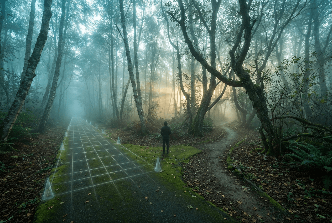 Two diverging paths in a forest representing the choice between drill-based and conversational accent learning approaches