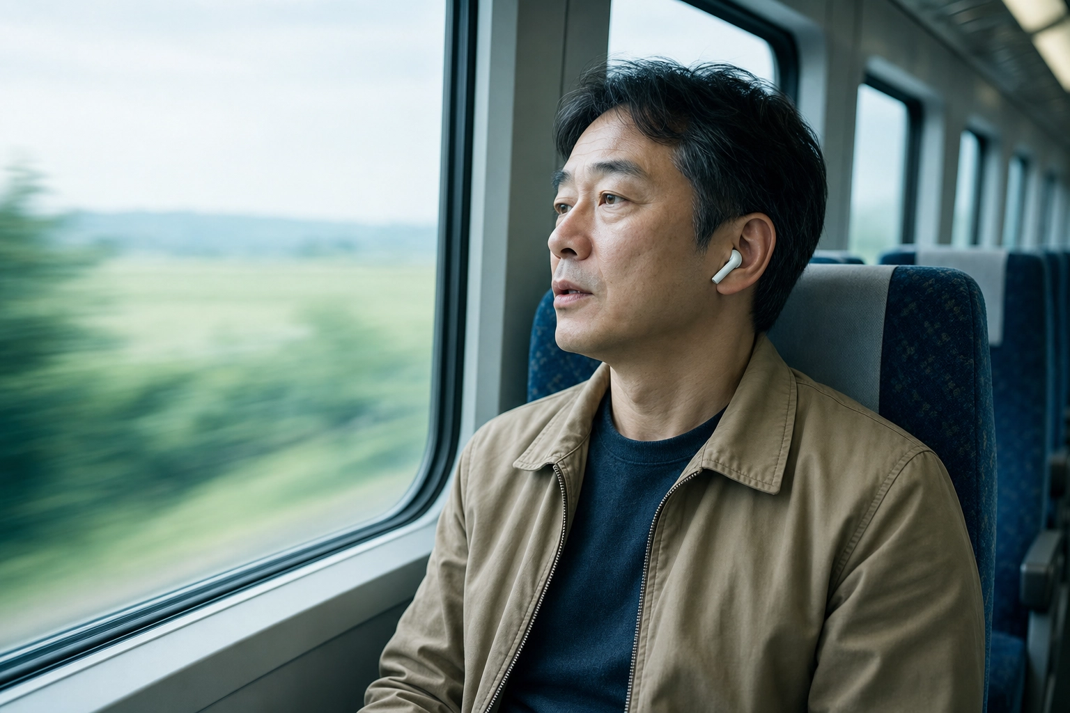 Seorang pria di kereta komuter pagi dengan earbud nirkabel diam-diam mengulang kata-kata bahasa Inggris, menggambarkan belajar lewat audio bebas genggam
