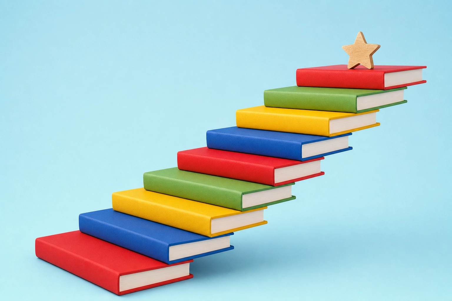 Tangga dari tumpukan buku berwarna-warni yang menjulang ke atas, melambangkan level belajar bahasa Inggris yang terstruktur dari pemula hingga mahir