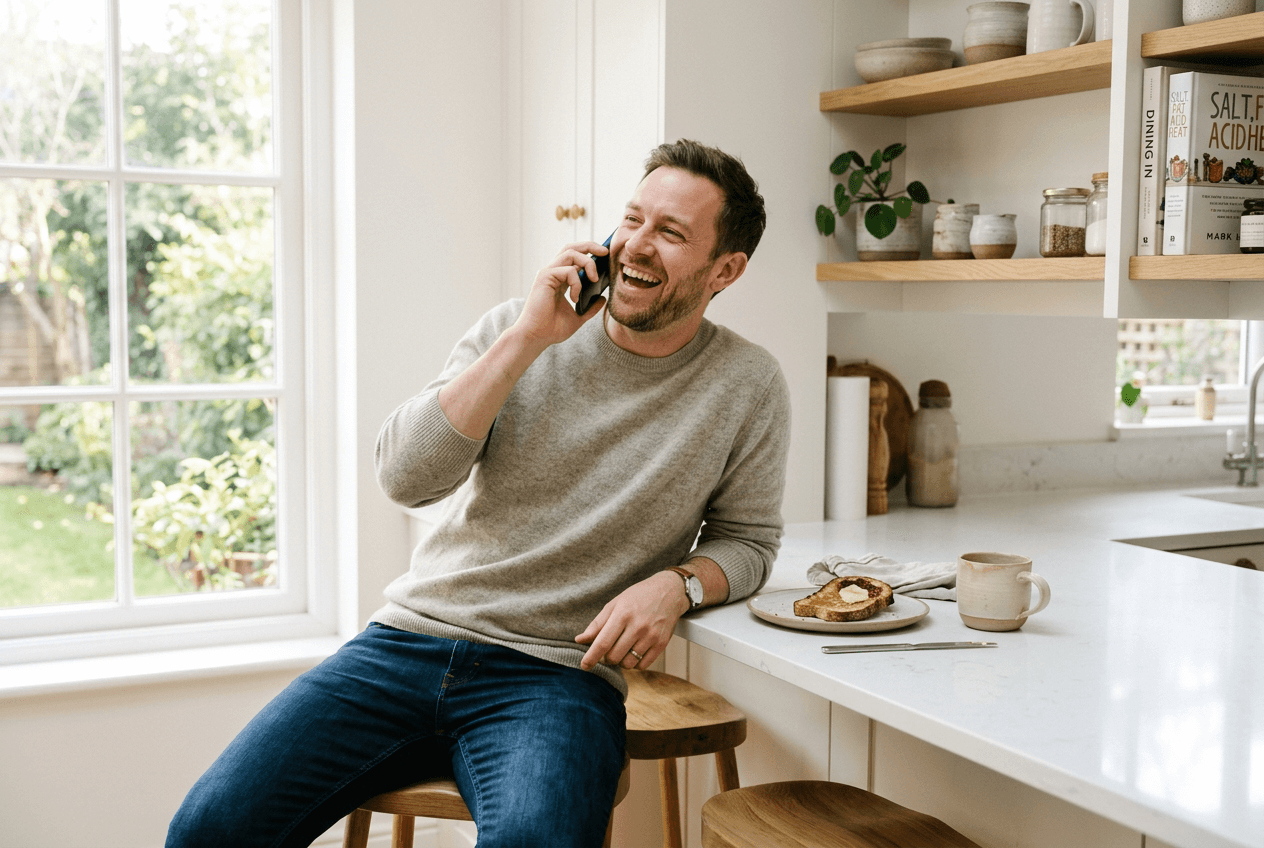Man casually practicing English speaking on his phone at home in a relaxed setting