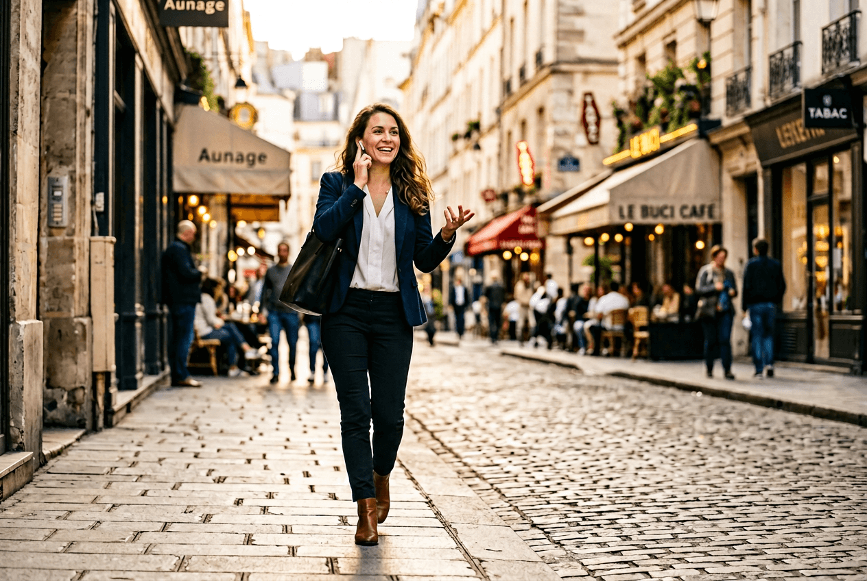 Woman practicing English conversation on the go with wireless earbuds while walking in a city