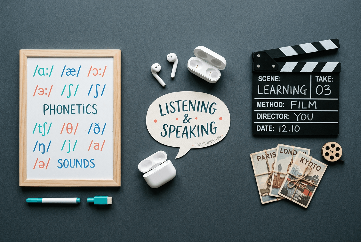 Three pronunciation learning approaches represented: drills, conversation, and media immersion