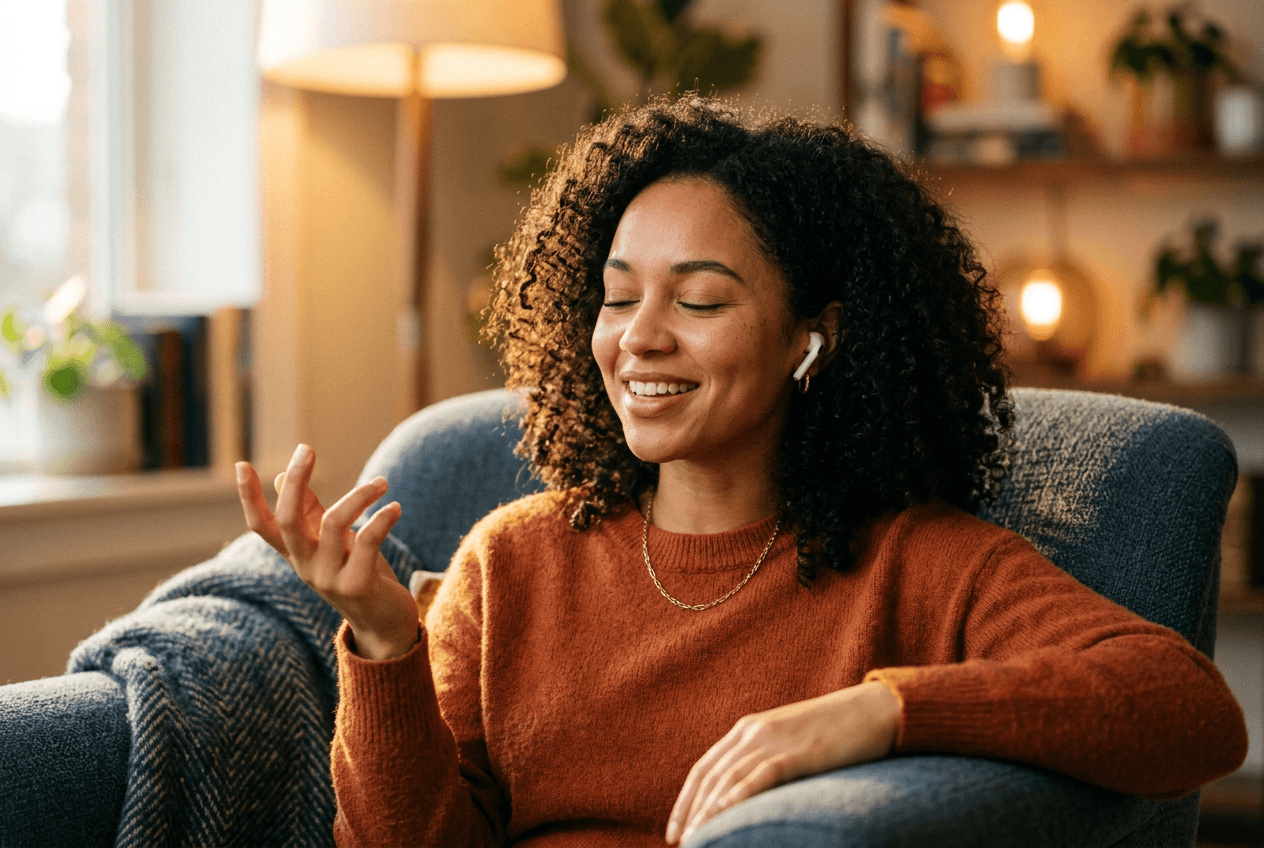 Woman confidently practicing English speaking with AI tutor through wireless earbuds at home