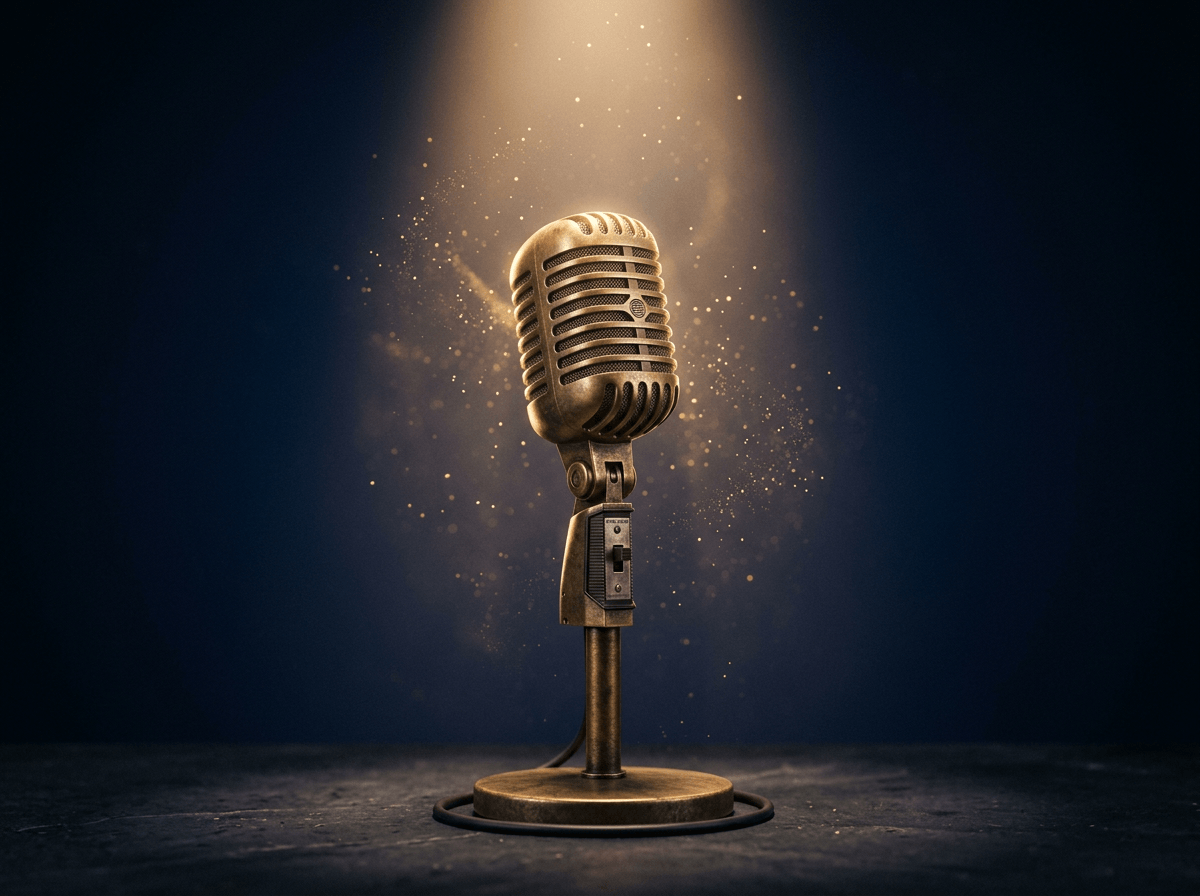 Vintage microphone illuminated by spotlight representing AI voice conversation practice