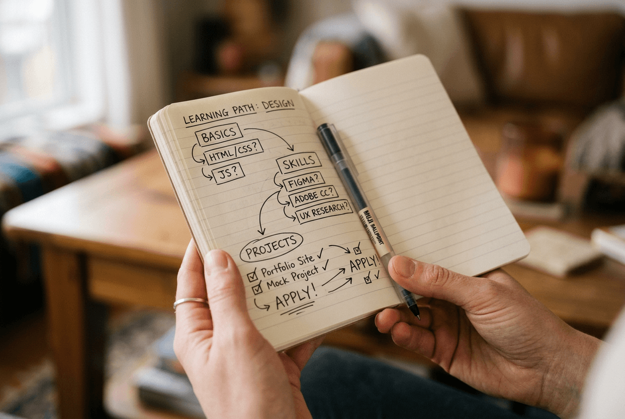 Hands holding notebook with learning path checklist for choosing the right English speaking app