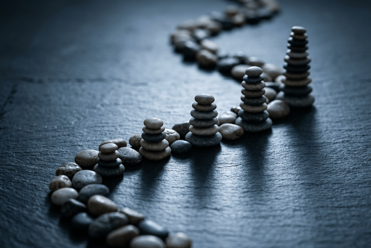 Stone path with progressive milestones representing the journey to English speaking fluency