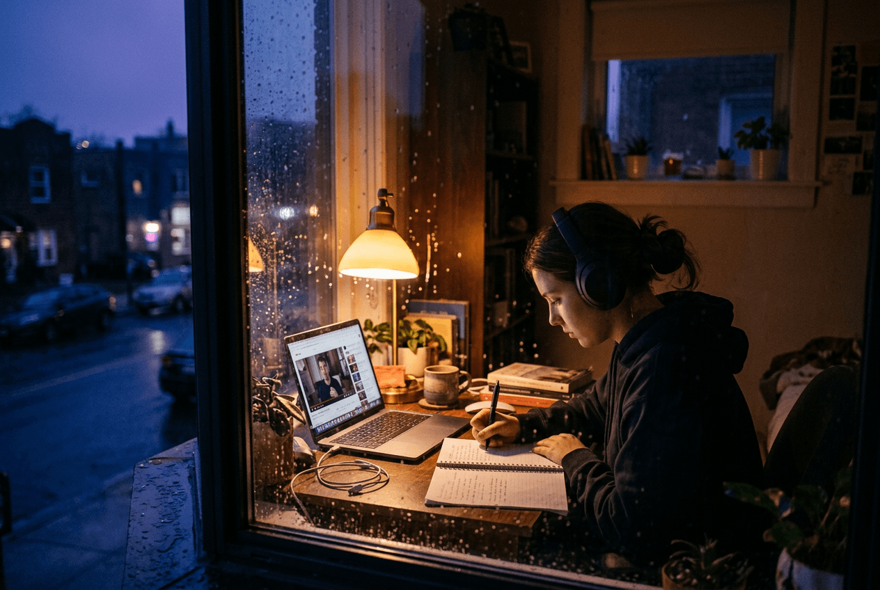 Student watching English learning videos on laptop with headphones during evening self-study session