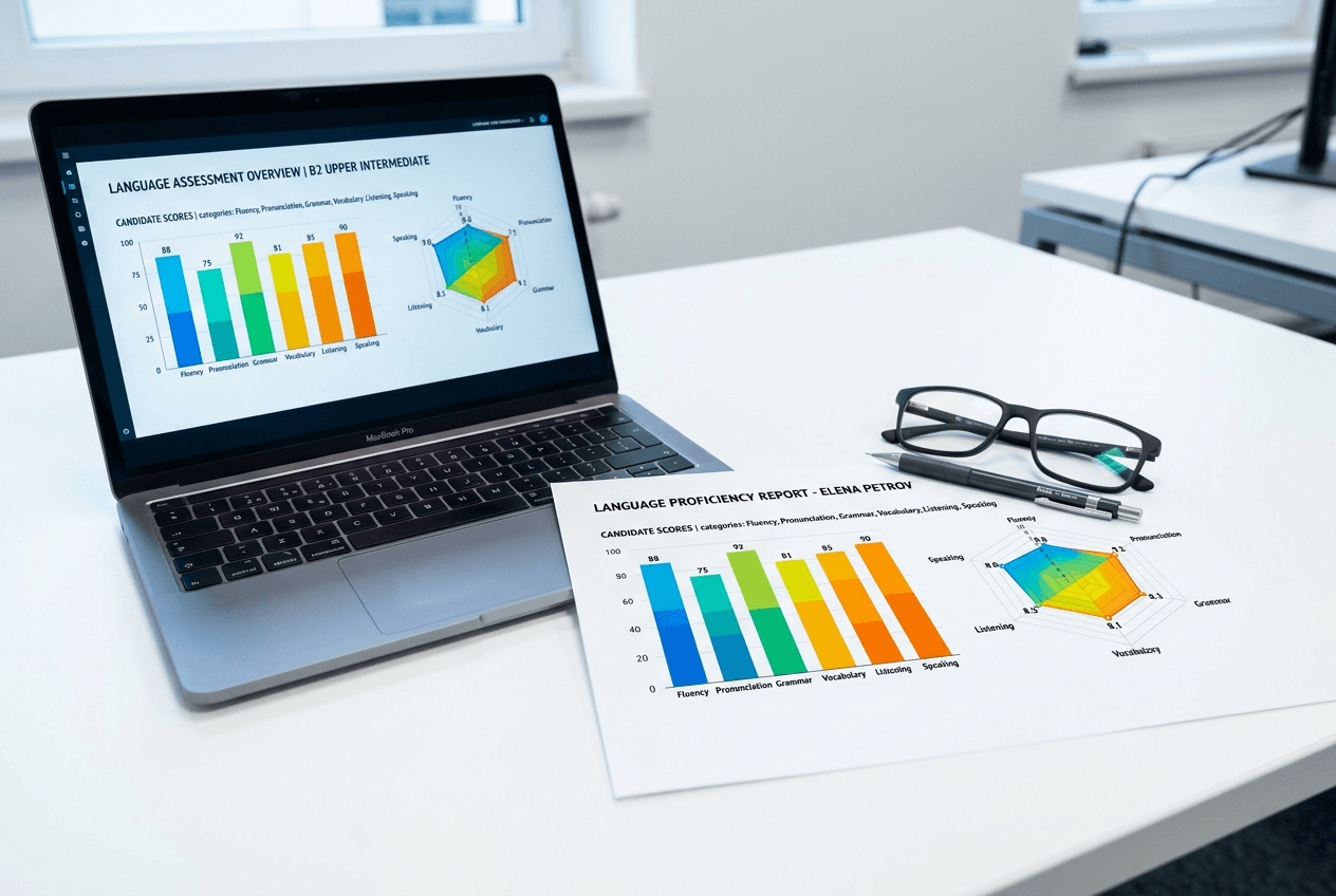 Language proficiency assessment charts showing CEFR level scores for English speaking skills