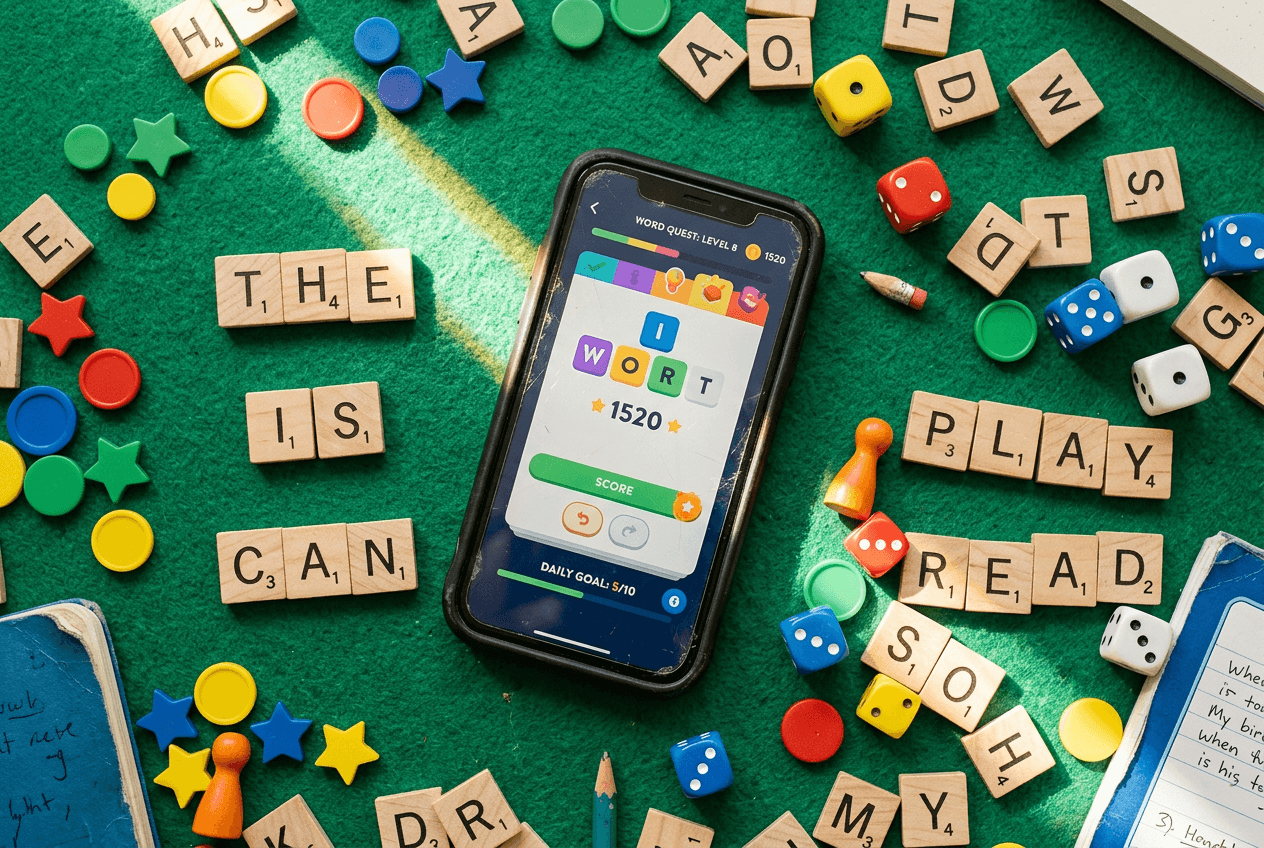 Smartphone surrounded by colorful game tokens and letter tiles representing gamified English learning with Duolingo