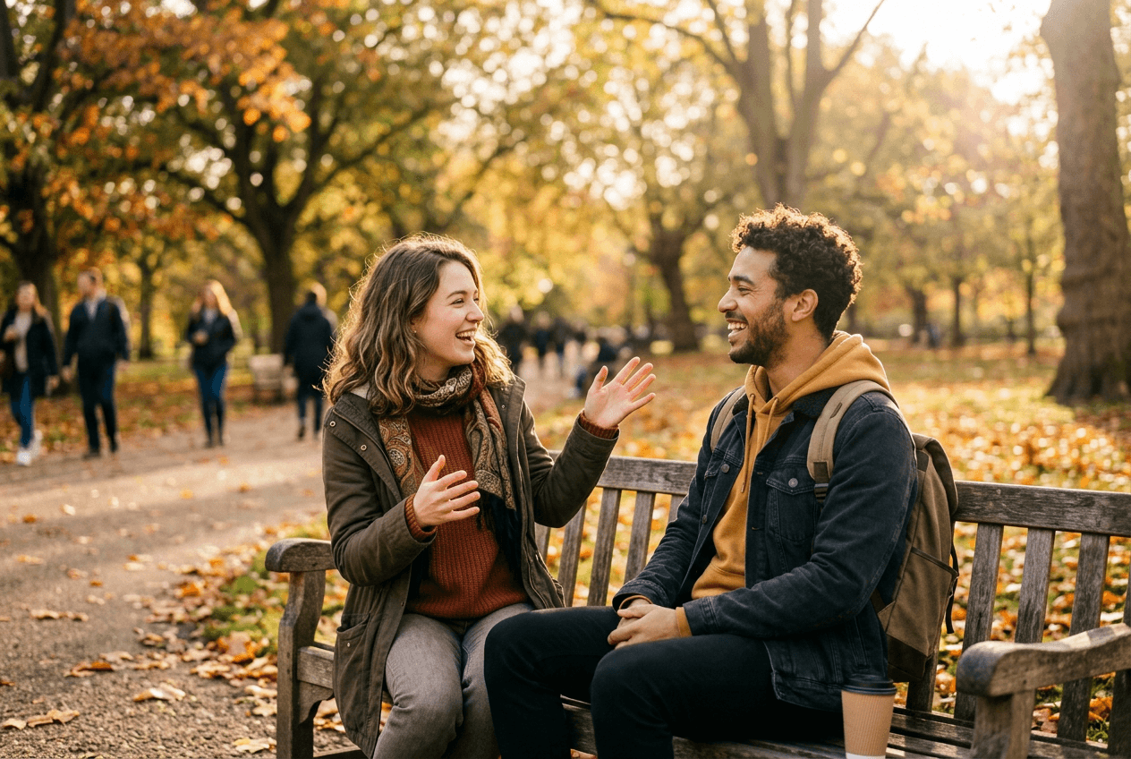 Two people having an animated English conversation on a park bench representing language exchange