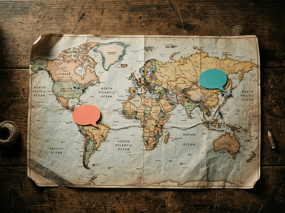 Conceptual image of speech bubbles connected across a world map representing language exchange