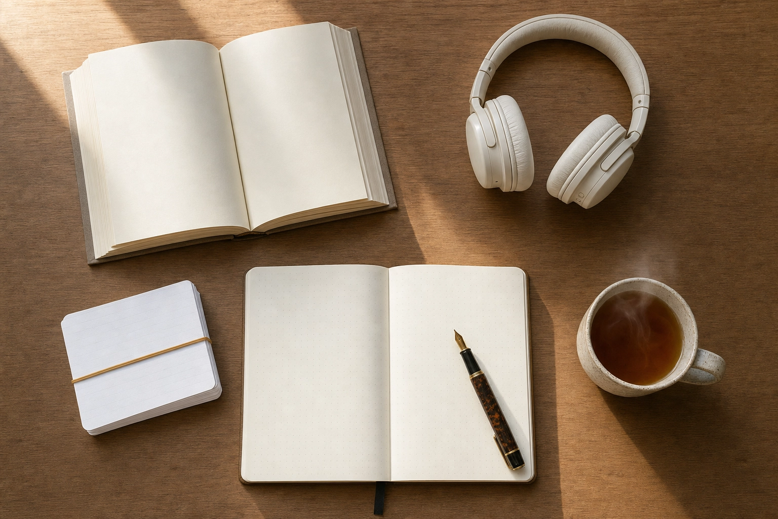 Overhead flat-lay of English learning tools: book, headphones, flashcards, notebook and tea on a desk