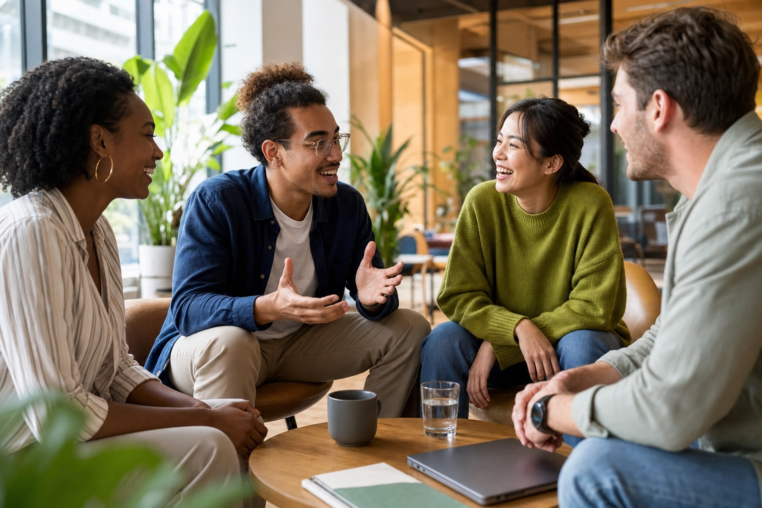Four diverse adults practicing English together in a lively group conversation in a bright modern lounge