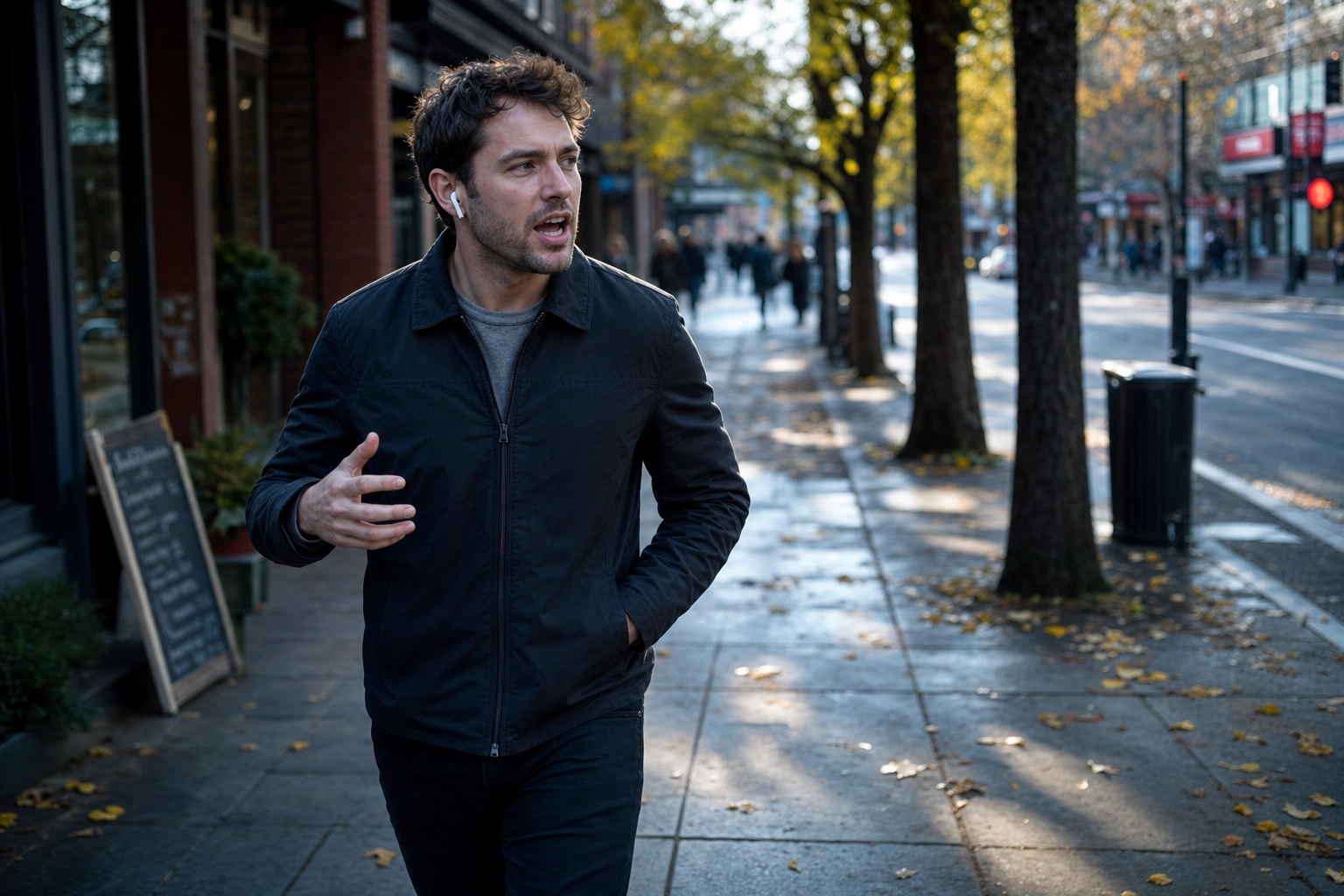 A man practicing English speaking out loud through earbuds while walking on a city street in morning light