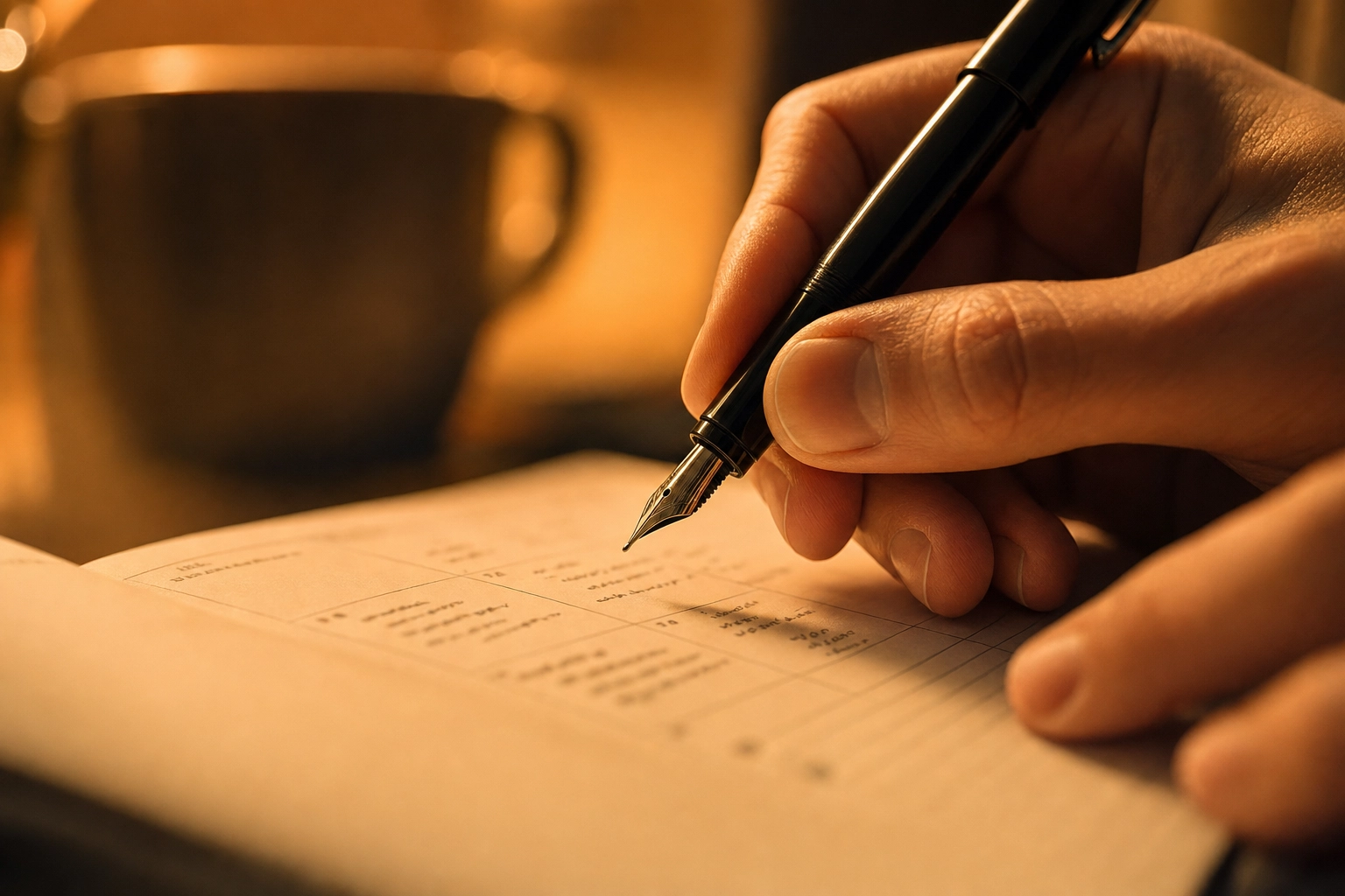 Close-up of hands writing a weekly English practice routine into a planner under warm evening lamplight