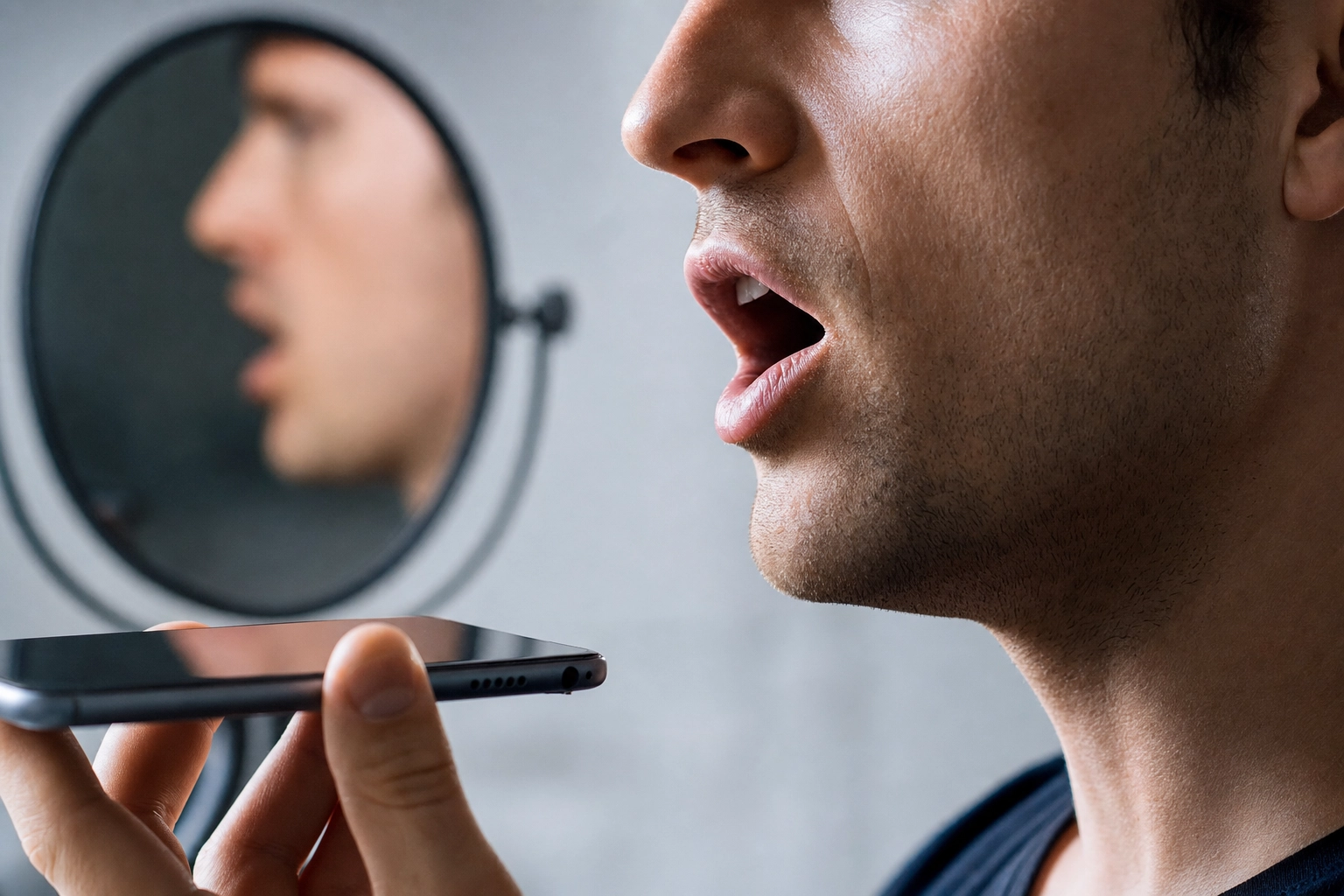 Uomo che si registra al telefono per esercitarsi con la pronuncia inglese, profilo laterale concentrato sulla bocca