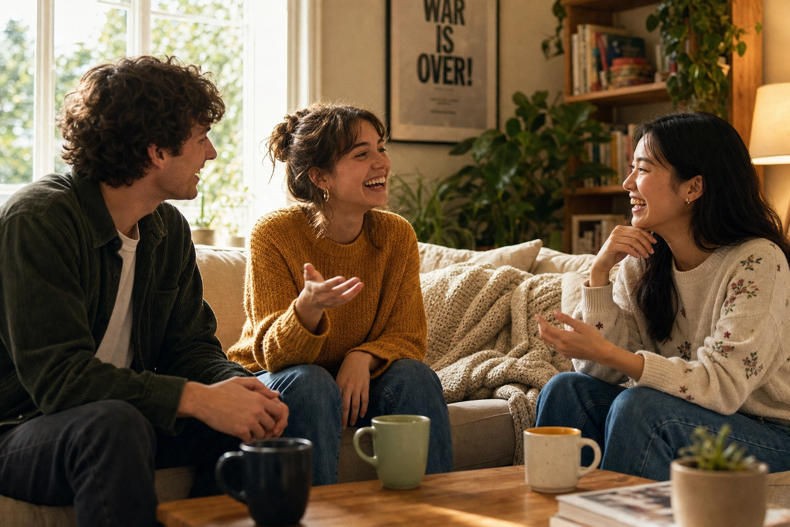 Tre amici che ridono e chiacchierano su un divano, mostrando una rilassata conversazione quotidiana in inglese tra amici