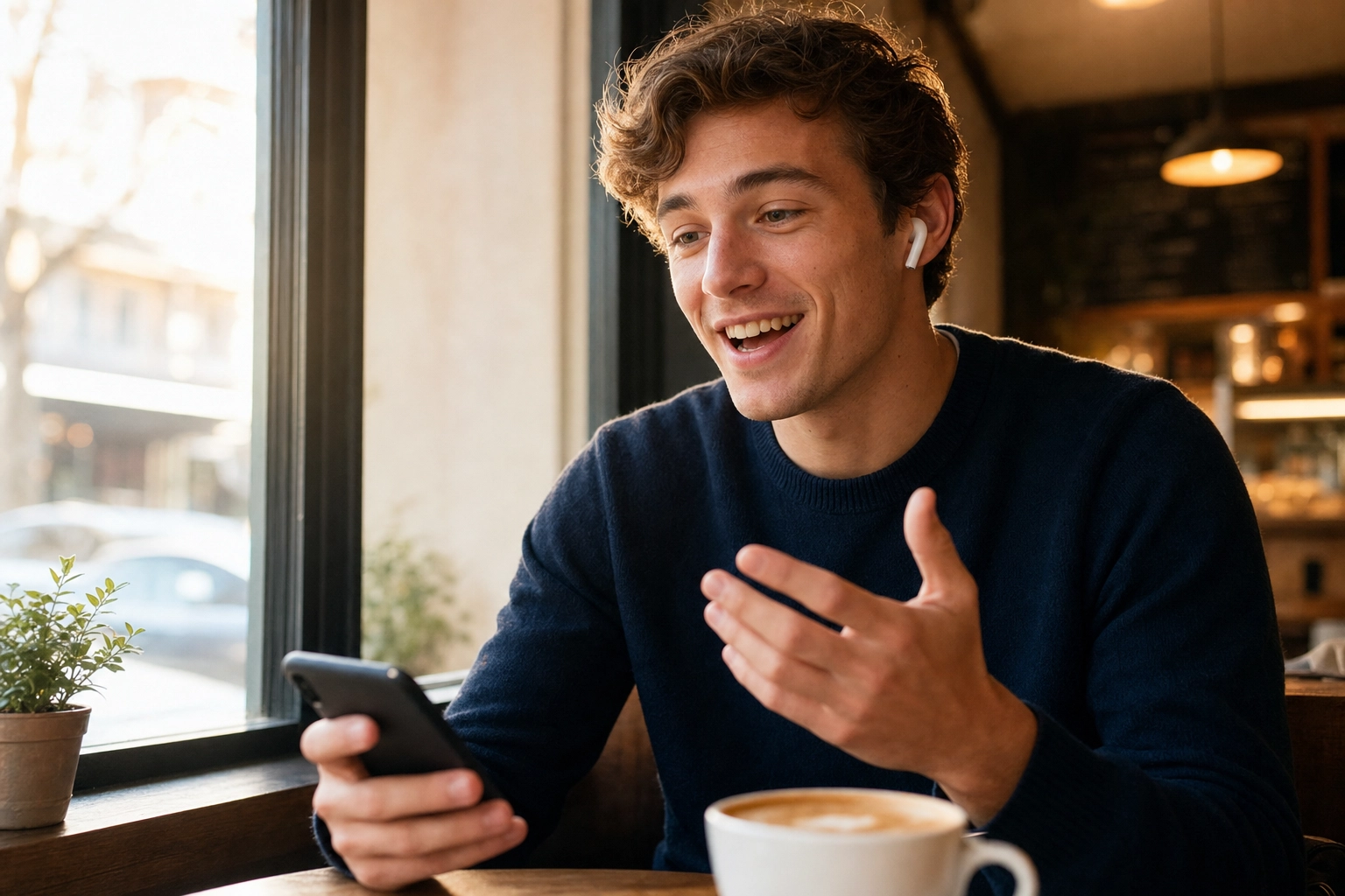 Giovane uomo che parla inglese ad alta voce al telefono con un auricolare wireless in un bar soleggiato, mentre si esercita nella conversazione