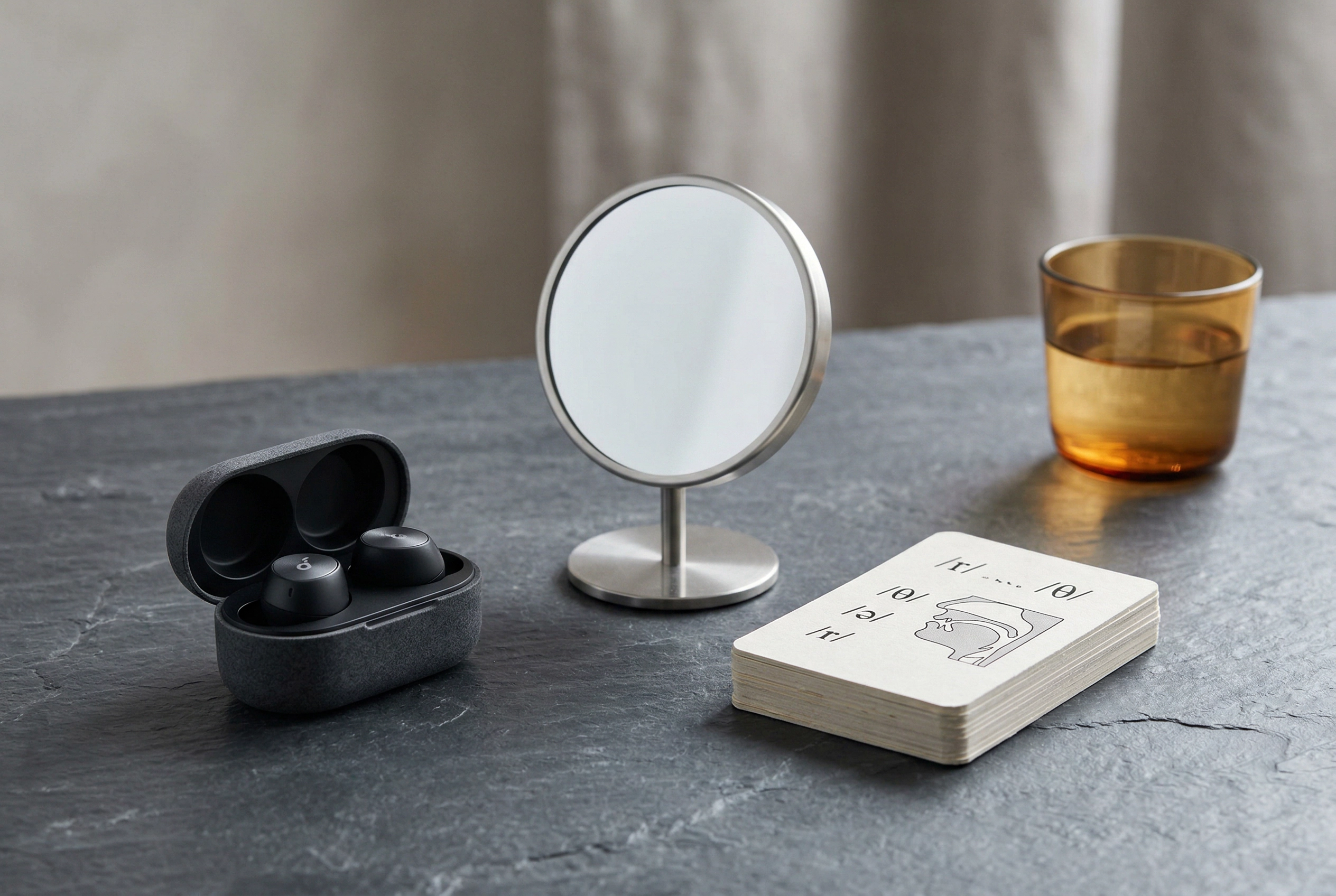 Alat latihan aksen harian termasuk earbuds dan materi latihan fonetik