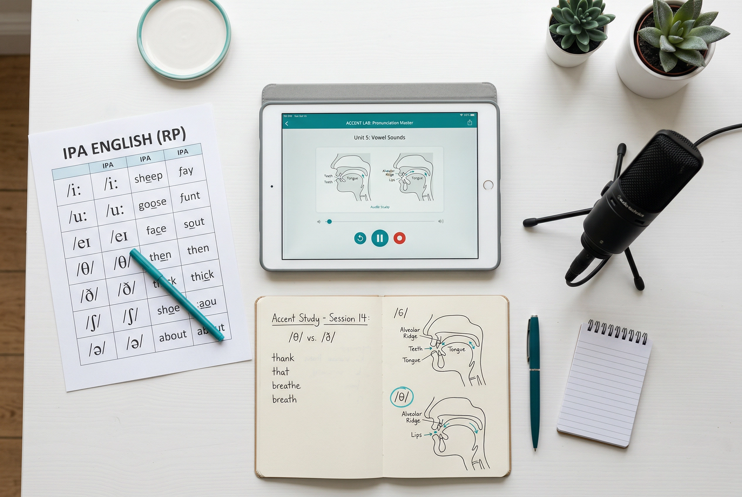 Pengaturan latihan aksen terstruktur dengan tabel fonetik dan alat latihan pengucapan