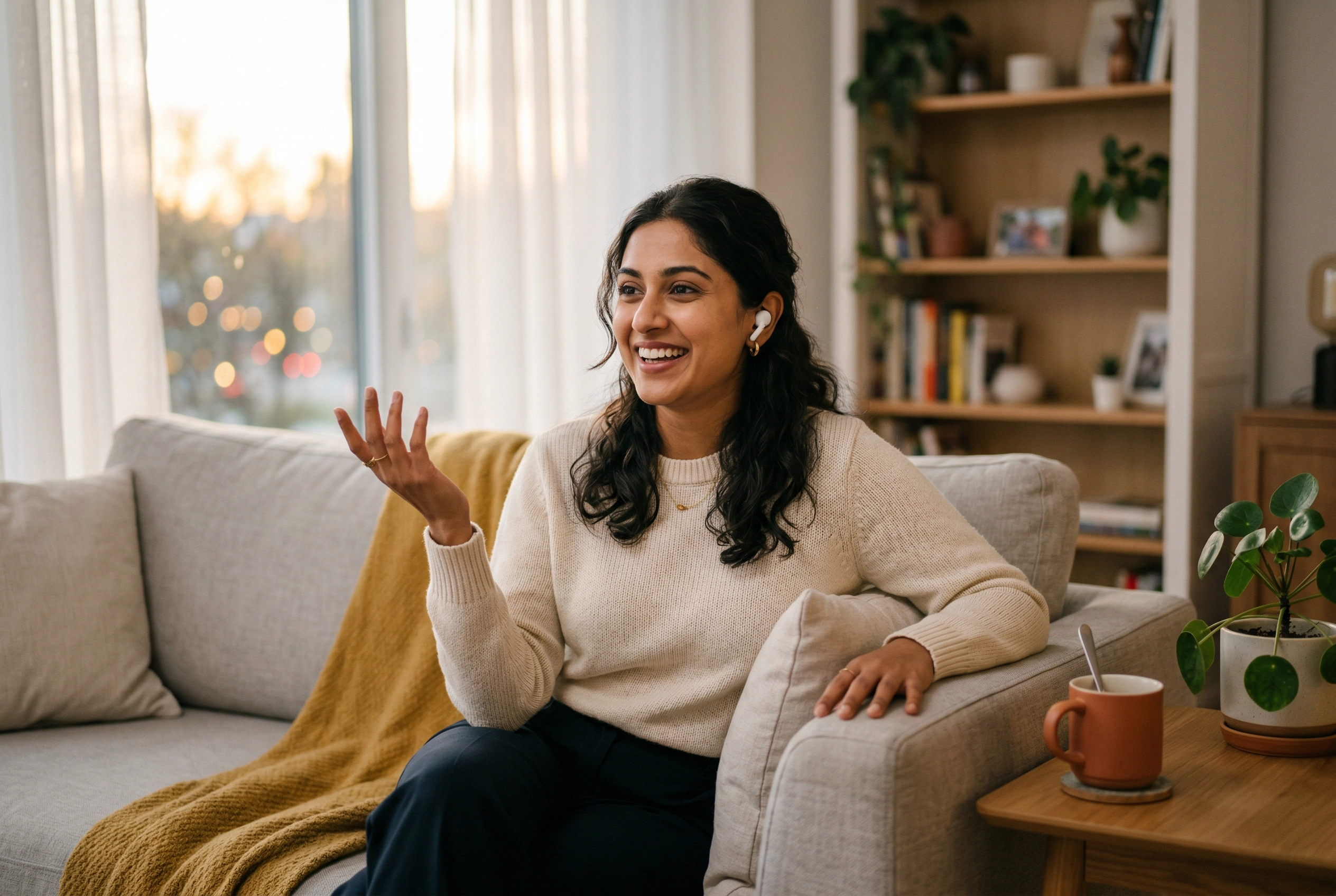 Wanita berlatih percakapan bahasa Inggris secara alami dari rumah dengan partner berbicara AI