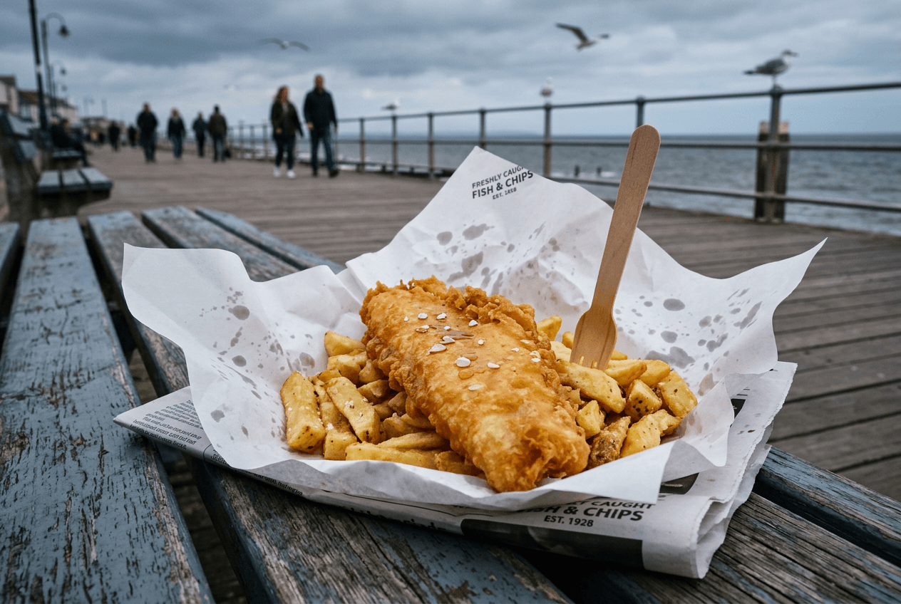 Classic British fish and chips on seaside bench representing food idioms cheap as chips