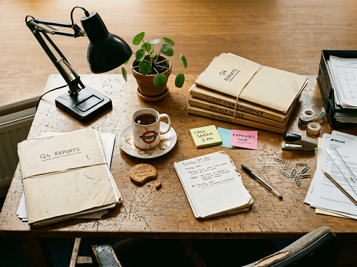 Cluttered British office desk with tea mug and folders representing workplace idioms