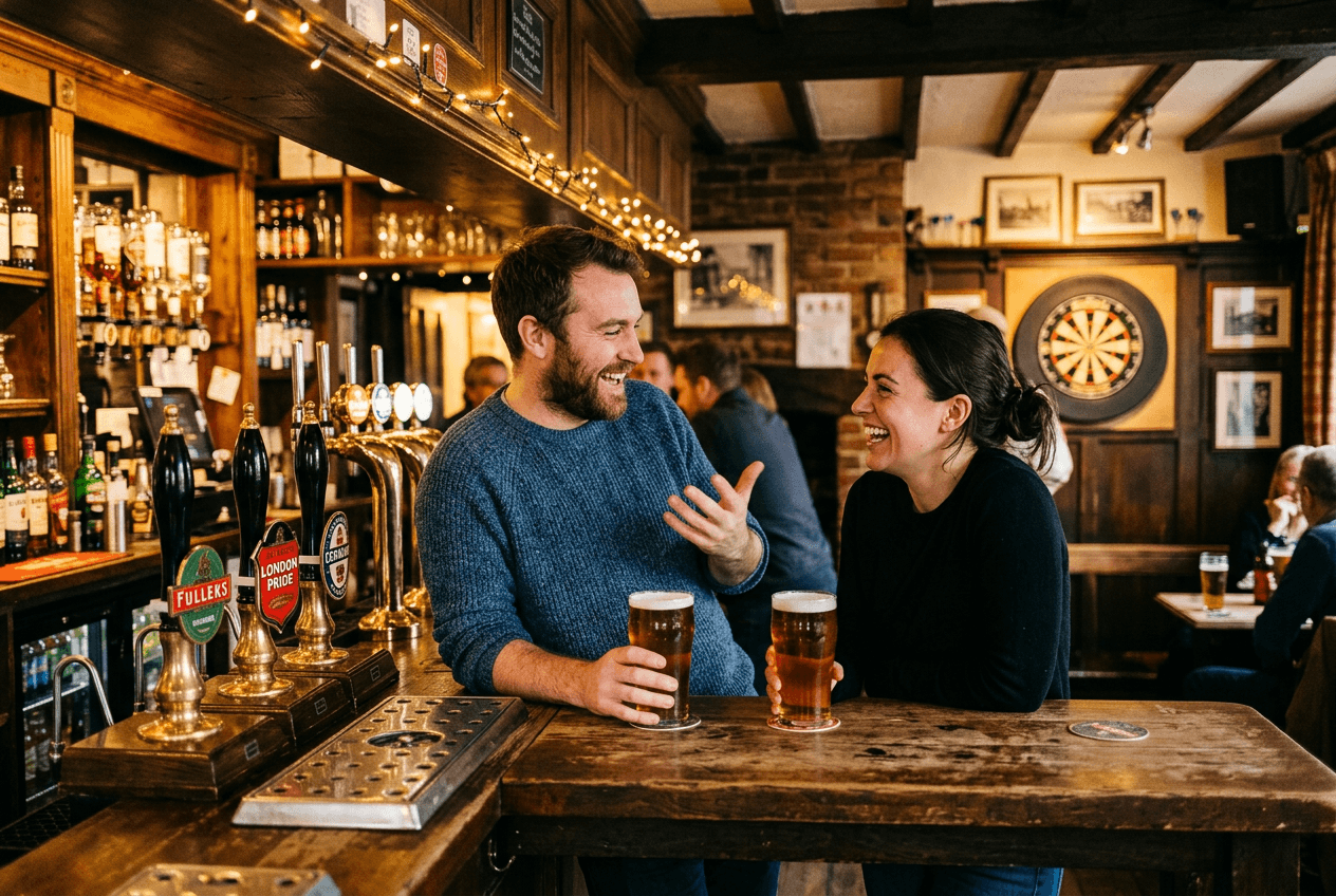 Friends having a chinwag in a traditional British pub with pint glasses and warm lighting